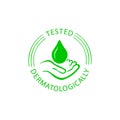 Dermatologically tested vector label with water drop, hand logo. Dermatology test. Icon for allergy free and healthy safe product